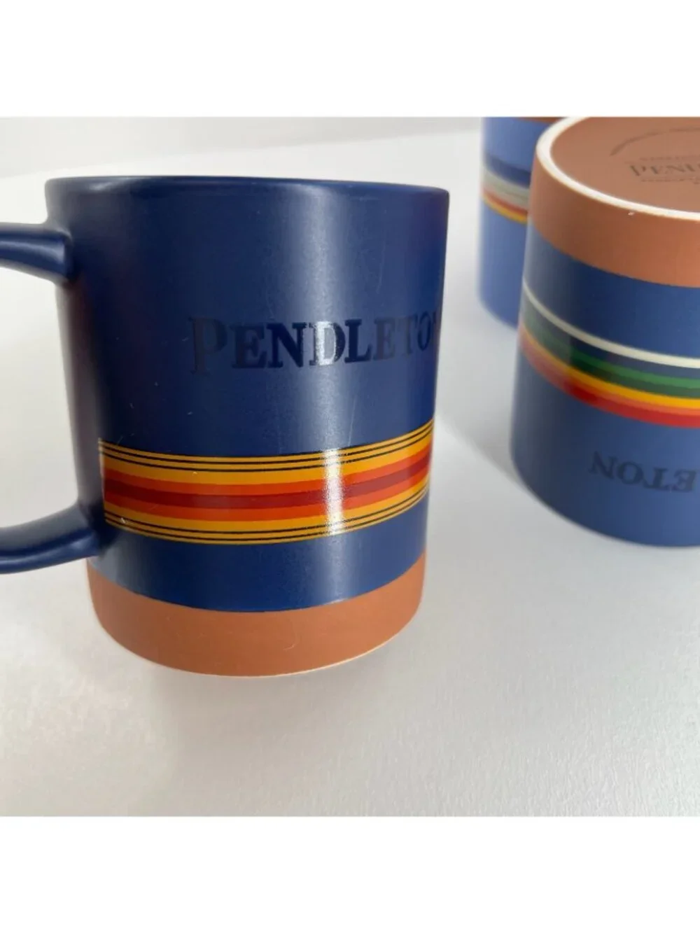 Pendleton National Parks Stoneware Coffee Mugs Set Ceramic 18oz Striped Blue Red